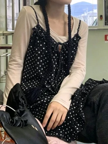 FRIFUL 女款波點休閒法式可愛百搭日常穿著細肩帶上衣 早午餐黑白波點夏季款 - 黑色 - 查看 2