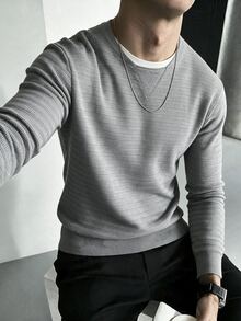 Manfinity Homme 男士純色休閒百搭日常穿著長袖高爾夫毛衣 - 灰色 - 查看 5