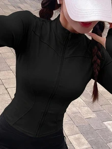 DAZY 女款純色彈性假領修身長袖夾克，運動休閒風，春秋款 - 黑色 - 查看 6