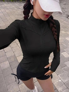 DAZY 女款純色彈性假領修身長袖夾克，運動休閒風，春秋款 - 黑色 - 查看 7