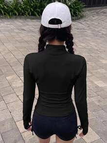 DAZY 女款純色彈性假領修身長袖夾克，運動休閒風，春秋款 - 黑色 - 查看 2
