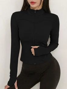 DAZY 女款純色彈性假領修身長袖夾克，運動休閒風，春秋款 - 黑色 - 查看 3
