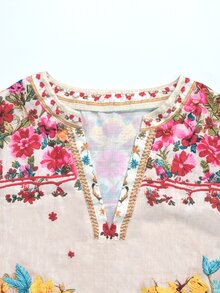 Selamara [印花設計] 女款度假花卉印花鏤空缺口領休閒上衣 - 彩色 - 查看 5
