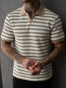 SLATEMANN Short Sleeve Striped Knit Summer Men's Polo Shirt - Apricot - View 3