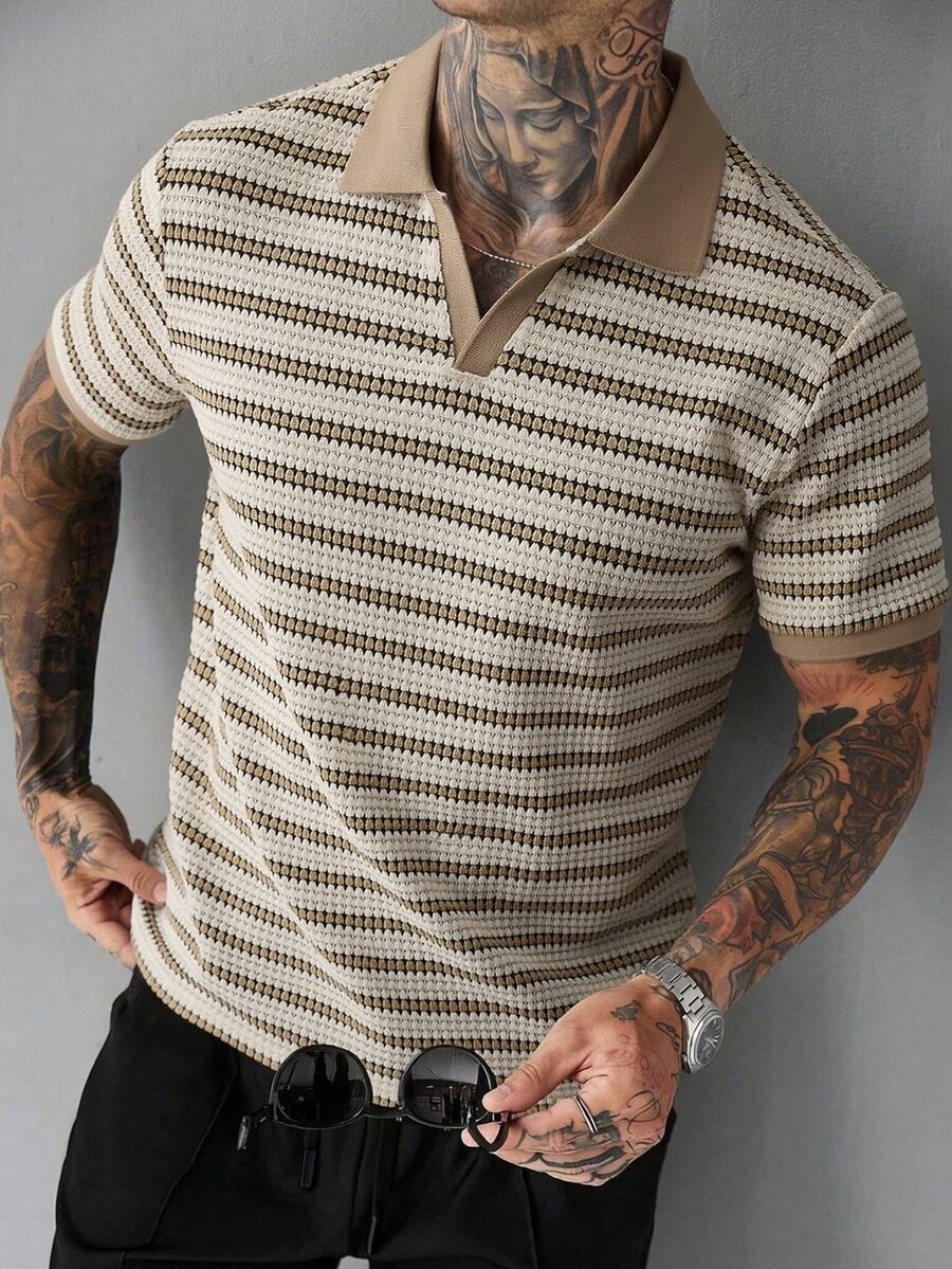 SLATEMANN Short Sleeve Striped Knit Summer Men's Polo Shirt - Apricot - View 1
