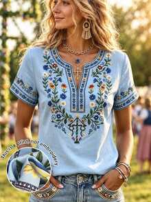 Selamara [Printed Design] Women's Notched Neck Floral Pattern Casual Boho Versatile Daily Wear Top Brunch Vacation Blue Floral Summer Top - Blue - View 1