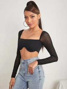 SHEIN PETITE Square Neck Sheer Mesh Sleeve Asymmetrical Hem Top ,Petite Women - Black - View 4