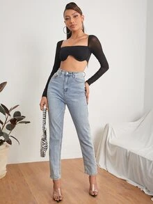 SHEIN PETITE Square Neck Sheer Mesh Sleeve Asymmetrical Hem Top ,Petite Women - Black - View 3