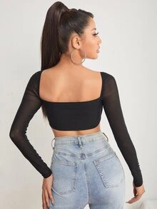SHEIN PETITE Square Neck Sheer Mesh Sleeve Asymmetrical Hem Top ,Petite Women - Black - View 2