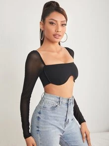 SHEIN PETITE Square Neck Sheer Mesh Sleeve Asymmetrical Hem Top ,Petite Women - Black - View 5