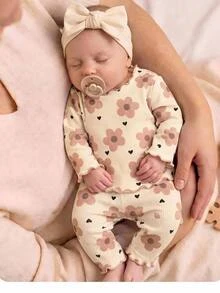 SHEIN Conjunto de bebé recién nacido con estampado floral acanalado con diadema, pijama de bebé niña con patrón floral dulce a juego con diadema, ropa suave de bebé recién nacido, enterizo acanalado y diadema encantadora con estampado floral para bebé recién nacido, ropa de bebé niña, ropa de bebé suave, ropa de bebé recién nacido, ropa de bebé para primavera, ropa de bebé, ropa de bebé recién nacido - Conjunto de bebé recién nacido - Rosa - Ver 2