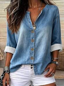 Breezaya [Denim Effect] Women's Denim Effect Print Drop Shoulder Long Sleeve Single-Breasted Casual Shirt - Blue - View 4