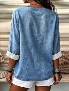 Breezaya [Denim Effect] Women's Denim Effect Print Drop Shoulder Long Sleeve Single-Breasted Casual Shirt - Blue - View 3