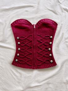 Soleia Napoleon Going Out Tops Atasan Modis Blus Dasar Blus Kasual Y2K untuk Wanita Musim Gugur Mode Wanita Seksi Kancing Tali Ritsleting Atasan Bandeau - Burgundy - View 3