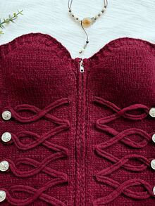 Soleia Napoleon Going Out Tops Atasan Modis Blus Dasar Blus Kasual Y2K untuk Wanita Musim Gugur Mode Wanita Seksi Kancing Tali Ritsleting Atasan Bandeau - Burgundy - View 5