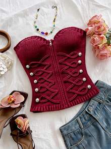 Soleia Napoleon Going Out Tops Atasan Modis Blus Dasar Blus Kasual Y2K untuk Wanita Musim Gugur Mode Wanita Seksi Kancing Tali Ritsleting Atasan Bandeau - Burgundy - View 1
