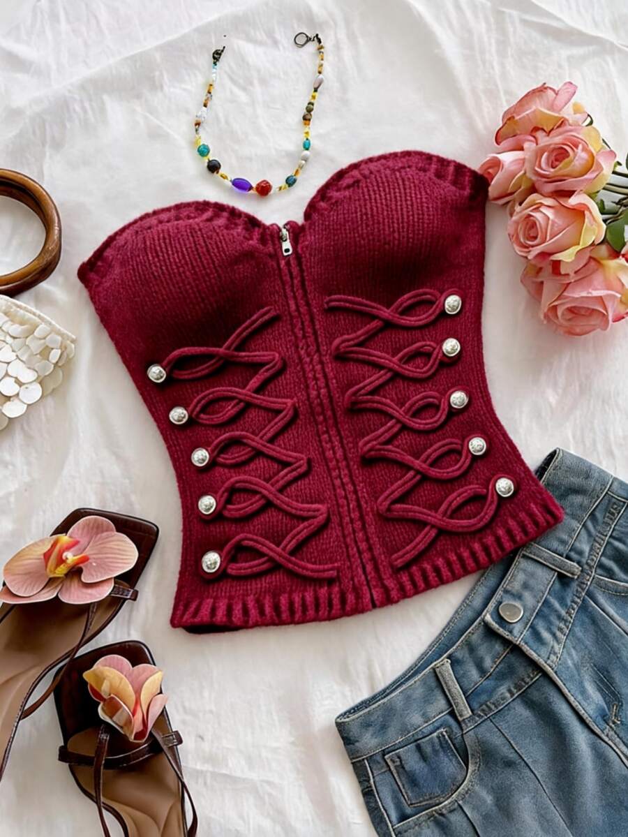 Soleia Napoleon Going Out Tops Atasan Modis Blus Dasar Blus Kasual Y2K untuk Wanita Musim Gugur Mode Wanita Seksi Kancing Tali Ritsleting Atasan Bandeau - Burgundy - View 1