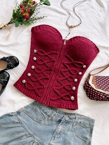 Soleia Napoleon Going Out Tops Atasan Modis Blus Dasar Blus Kasual Y2K untuk Wanita Musim Gugur Mode Wanita Seksi Kancing Tali Ritsleting Atasan Bandeau - Burgundy - View 4