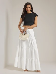 SHEIN Tall 適合高個女款保守波希米亞風休閒白色分層中長裙，適用於上班、海灘或休閒，秋季款 - 白色 - 查看 7