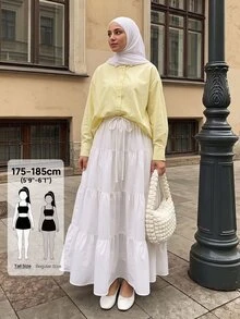 SHEIN Tall 適合高個女款保守波希米亞風休閒白色分層中長裙，適用於上班、海灘或休閒，秋季款 - 白色 - 查看 9