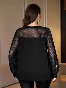 Reflora Plus Size Women's Rhinestone Mesh Patchwork Casual Elegant Sexy Daily Wear Top Autumn Party Night Black - Black - View 2