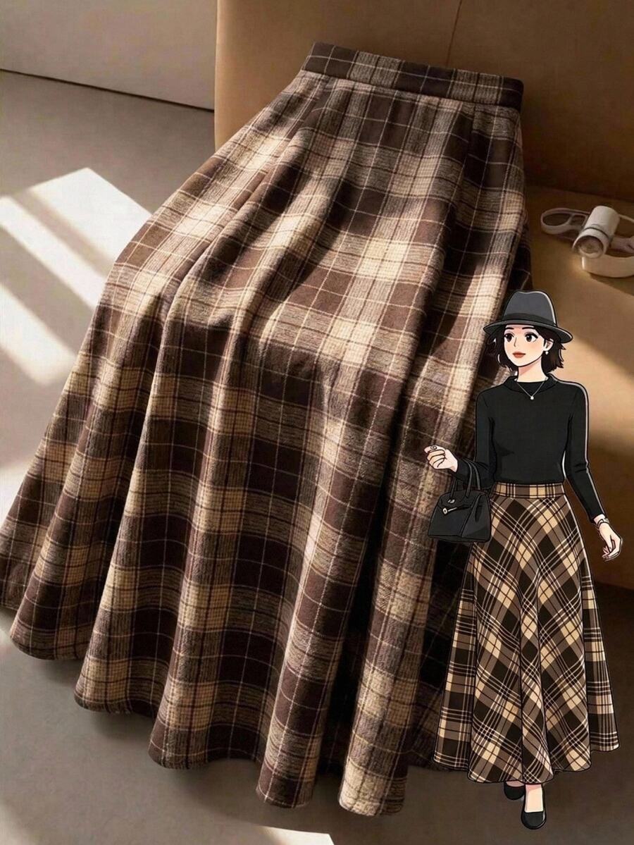 SHEIN LUNE Plus Size Casual Plaid Skirt For Autumn/Winter Fall - Coffee Brown - View 1