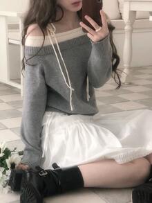 DAZY Grey Off-Shoulder Tie Strap Loose Long Sleeve Colorblock Shoulder Knot Off-Shoulder Fashion Knit Sweater Fall - Grey - View 2