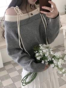 DAZY Grey Off-Shoulder Tie Strap Loose Long Sleeve Colorblock Shoulder Knot Off-Shoulder Fashion Knit Sweater Fall - Grey - View 4
