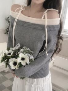 DAZY Grey Off-Shoulder Tie Strap Loose Long Sleeve Colorblock Shoulder Knot Off-Shoulder Fashion Knit Sweater Fall - Grey - View 3
