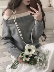 DAZY Grey Off-Shoulder Tie Strap Loose Long Sleeve Colorblock Shoulder Knot Off-Shoulder Fashion Knit Sweater Fall - Grey - View 7