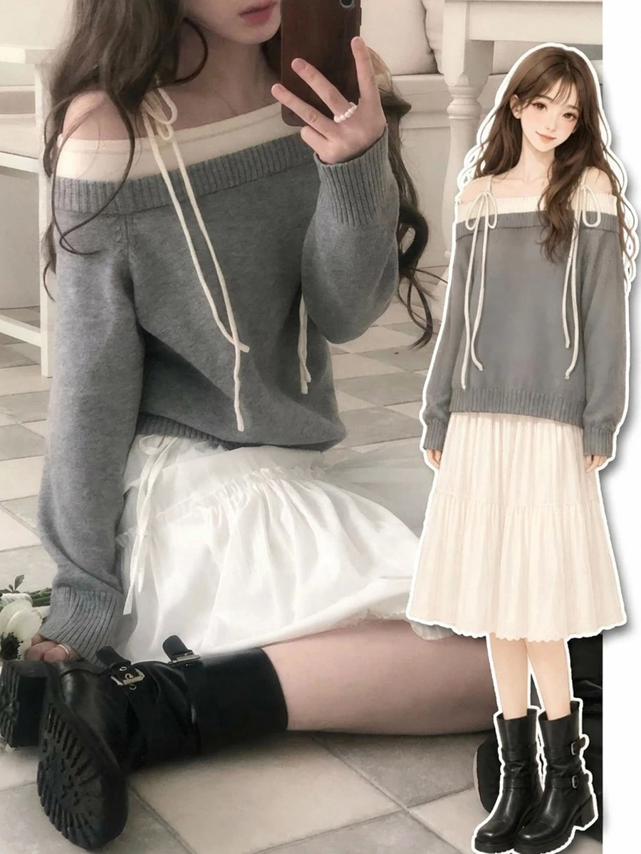 DAZY Grey Off-Shoulder Tie Strap Loose Long Sleeve Colorblock Shoulder Knot Off-Shoulder Fashion Knit Sweater Fall - Grey - View 1