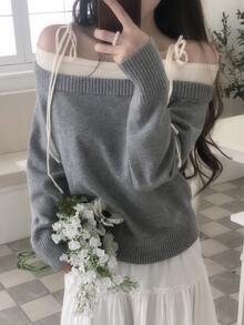 DAZY Grey Off-Shoulder Tie Strap Loose Long Sleeve Colorblock Shoulder Knot Off-Shoulder Fashion Knit Sweater Fall - Grey - View 5