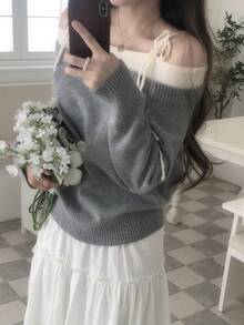 DAZY Grey Off-Shoulder Tie Strap Loose Long Sleeve Colorblock Shoulder Knot Off-Shoulder Fashion Knit Sweater Fall - Grey - View 6