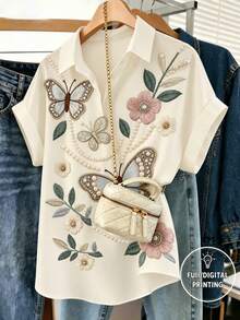 SHEIN [印花設計] 女款短袖花卉襯衫，適合日常穿著 - 白色 - 查看 4