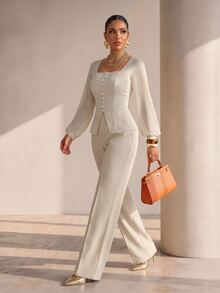 Structelle Setelan 2 potong wanita warna krem, terbuat dari campuran linen, terdiri dari atasan berkerah persegi dengan kancing mutiara dan belahan, serta celana panjang berpinggang tinggi dan kaki lebar, cocok untuk kantor di musim semi/gugur. - Aprikot - View 4