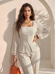 Structelle Setelan 2 potong wanita warna krem, terbuat dari campuran linen, terdiri dari atasan berkerah persegi dengan kancing mutiara dan belahan, serta celana panjang berpinggang tinggi dan kaki lebar, cocok untuk kantor di musim semi/gugur. - Aprikot - View 3