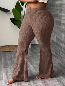 Slaydiva Plus Size Elastic Waist Slouchy Home Casual Slim Fit Long Ribbed Flare Pants -C - Khaki - View 5