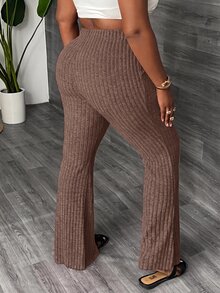 Slaydiva Plus Size Elastic Waist Slouchy Home Casual Slim Fit Long Ribbed Flare Pants -C - Khaki - View 2