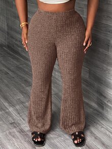 Slaydiva Plus Size Elastic Waist Slouchy Home Casual Slim Fit Long Ribbed Flare Pants -C - Khaki - View 3