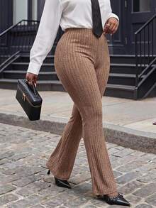 Slaydiva Plus Size Elastic Waist Slouchy Home Casual Slim Fit Long Ribbed Flare Pants -C - Khaki - View 1