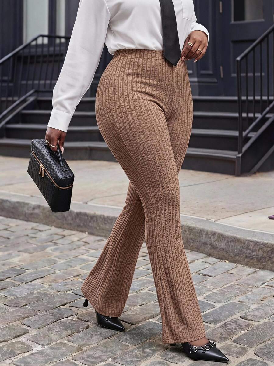 Slaydiva Plus Size Elastic Waist Slouchy Home Casual Slim Fit Long Ribbed Flare Pants -C - Khaki - View 1