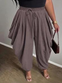 Slaydiva Plus Size Women's Pants, Olive Drawstring Side Draped Cuffed Harem Trousers Fall - Coffee Brown - View 5