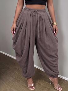 Slaydiva Plus Size Women's Pants, Olive Drawstring Side Draped Cuffed Harem Trousers Fall - Coffee Brown - View 8