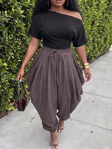Slaydiva Plus Size Women's Pants, Olive Drawstring Side Draped Cuffed Harem Trousers Fall - Coffee Brown - View 11