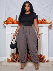 Slaydiva Plus Size Women's Pants, Olive Drawstring Side Draped Cuffed Harem Trousers Fall - Coffee Brown - View 12