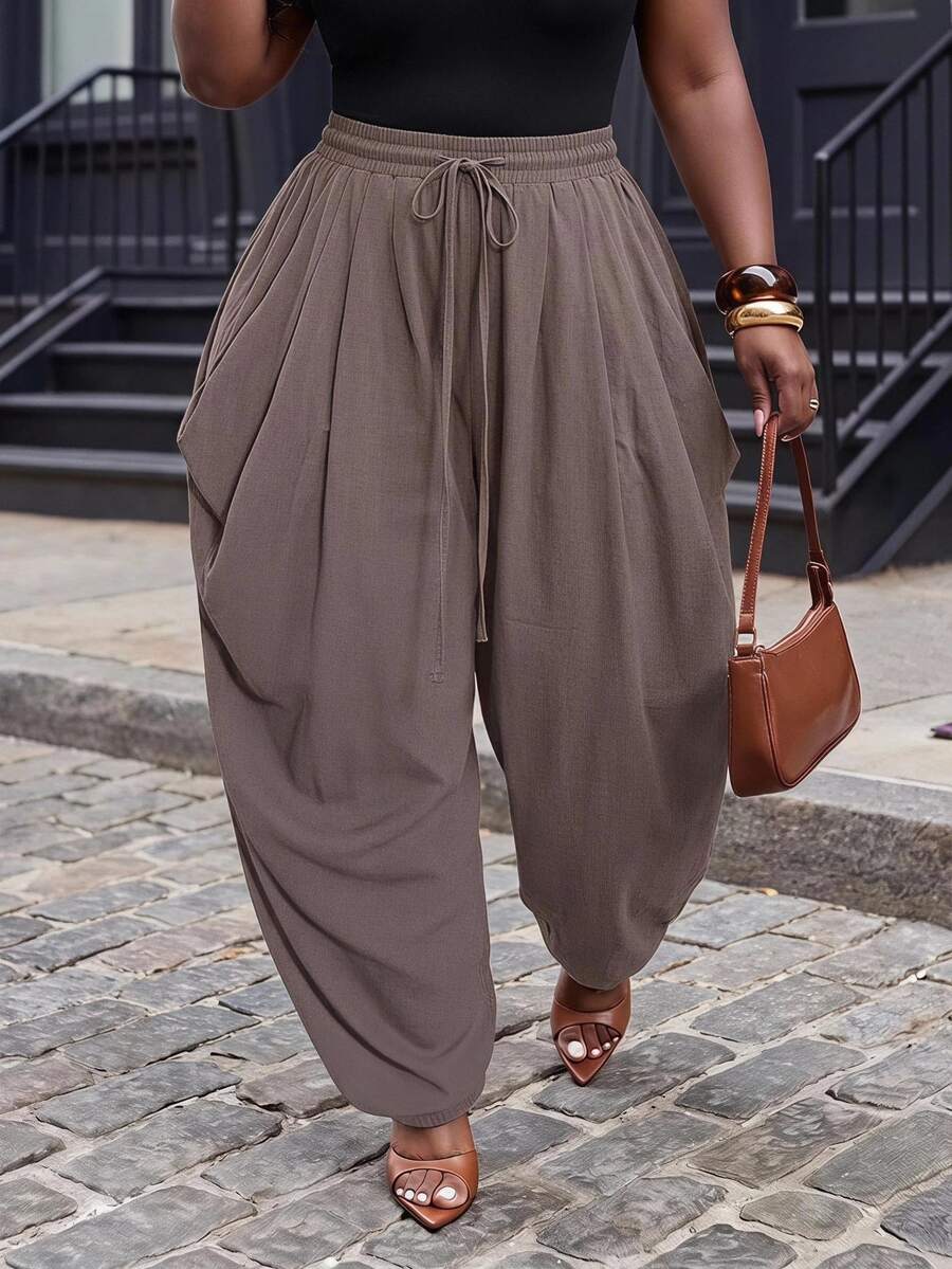 Slaydiva Plus Size Women's Pants, Olive Drawstring Side Draped Cuffed Harem Trousers Fall - Coffee Brown - View 1