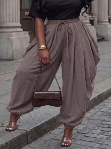 Slaydiva Plus Size Women's Pants, Olive Drawstring Side Draped Cuffed Harem Trousers Fall - Coffee Brown - View 9