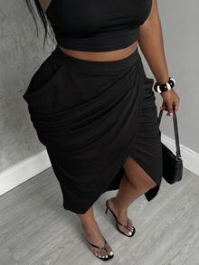 Slaydiva 2026春夏優雅通勤晚宴休閒百褶中長裙，適合生日派對，大尺碼黑色 - 黑色 - 查看 4