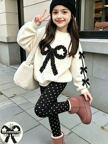 Tween Girls 2 Pcs Fall Outfits Bow Print Long Sleeve Sweatshirt & Polka Dot Leggings Sweet Casual - Multicolor - View 3
