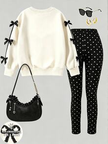 Tween Girls 2 Pcs Fall Outfits Bow Print Long Sleeve Sweatshirt & Polka Dot Leggings Sweet Casual - Multicolor - View 2